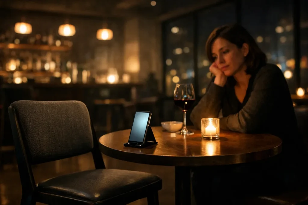 Person sitting alone at a candlelit café table on a date with a smartphone on a phone stand - AI virtual dating café concept